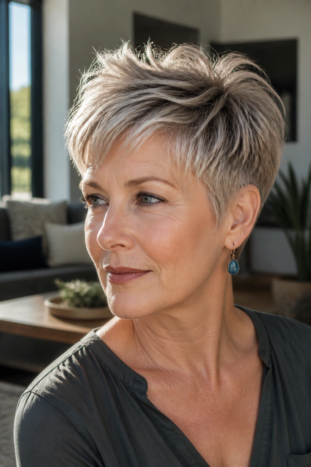 Portrait of a real woman with crown-lifted tapered pixie under natural daylight.