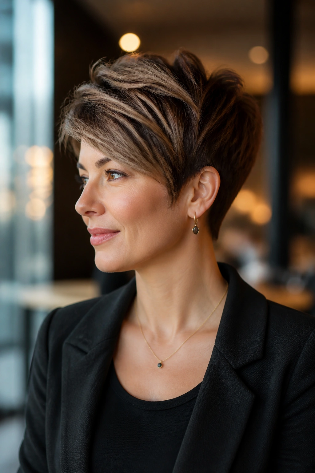 Real person with a pixie cut featuring a long crown in an urban lobby setting