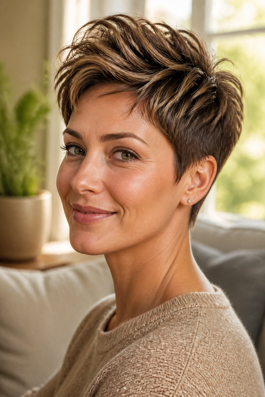 Close-up of a real woman with a pixie cut featuring high crown height in warm window light