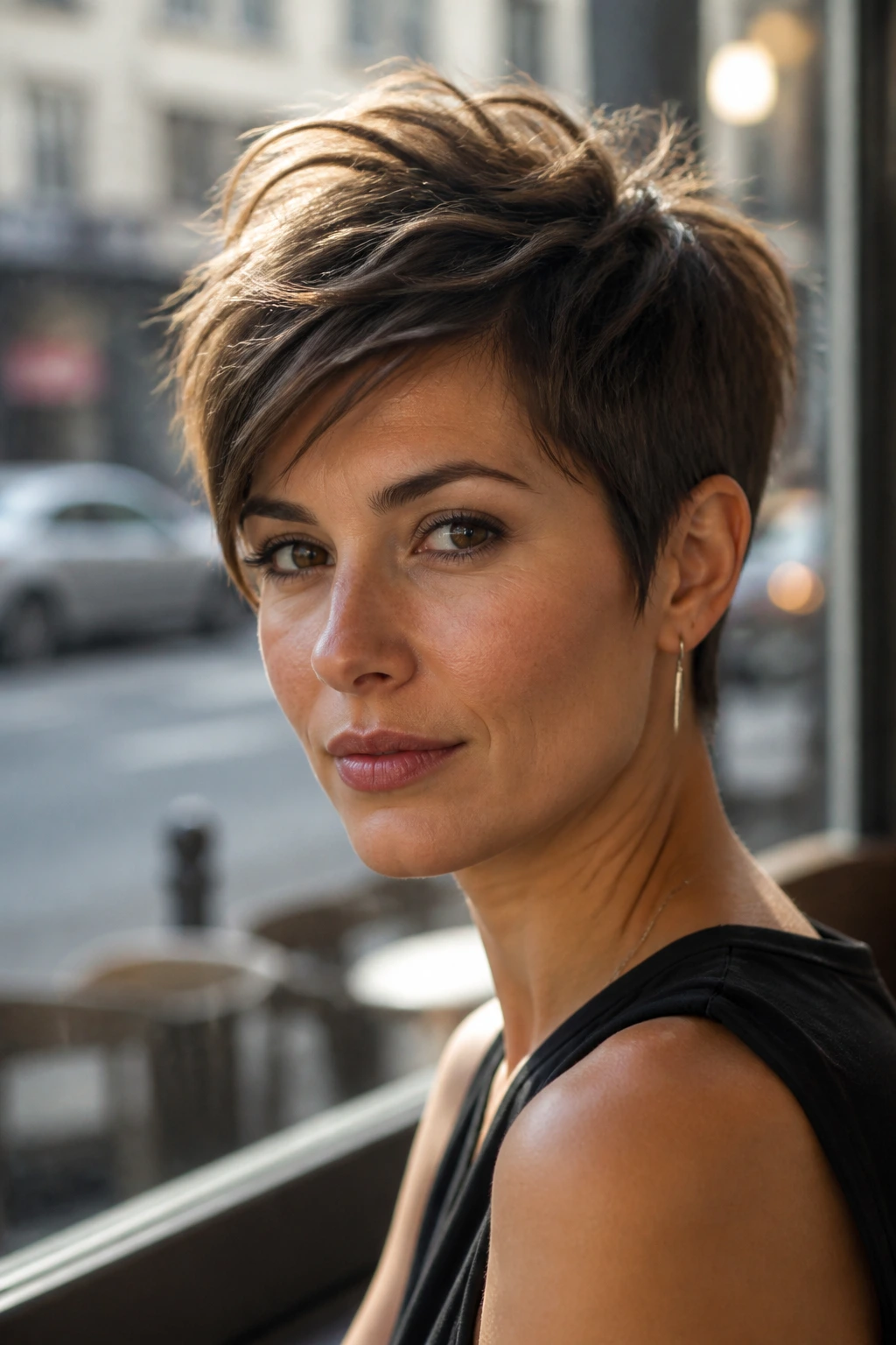 Close-up portrait of a real woman with textured pixie cut and longer crown in sunlit cafe setting