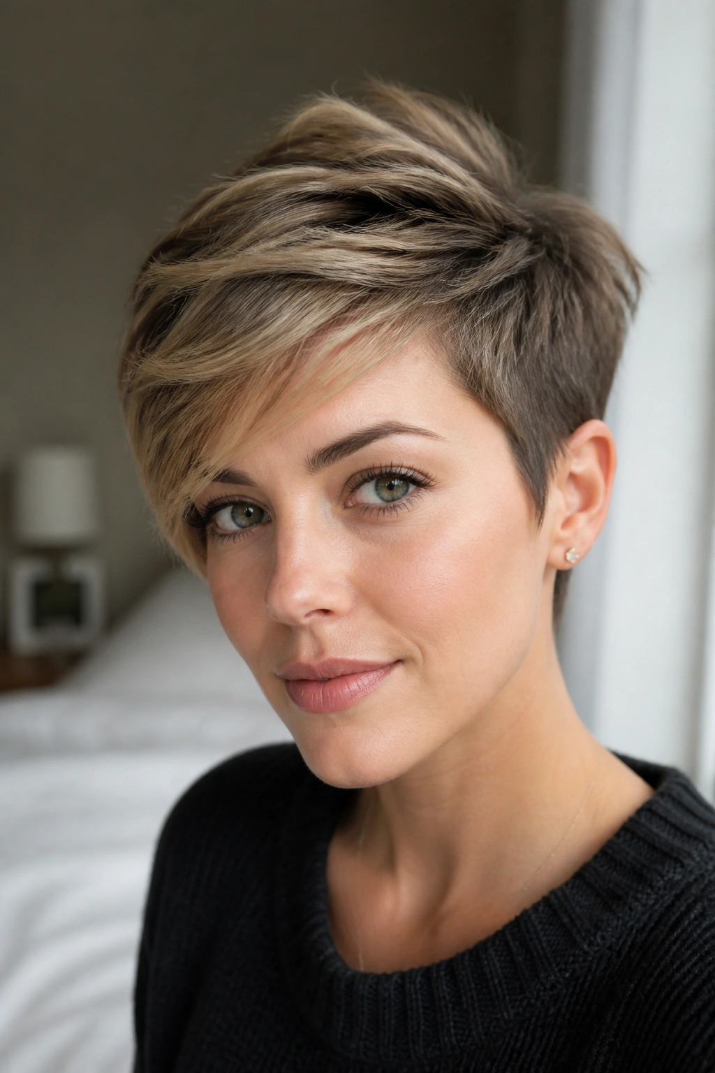 Close-up portrait of a real woman with a long crown pixie and tapered sides for round faces.