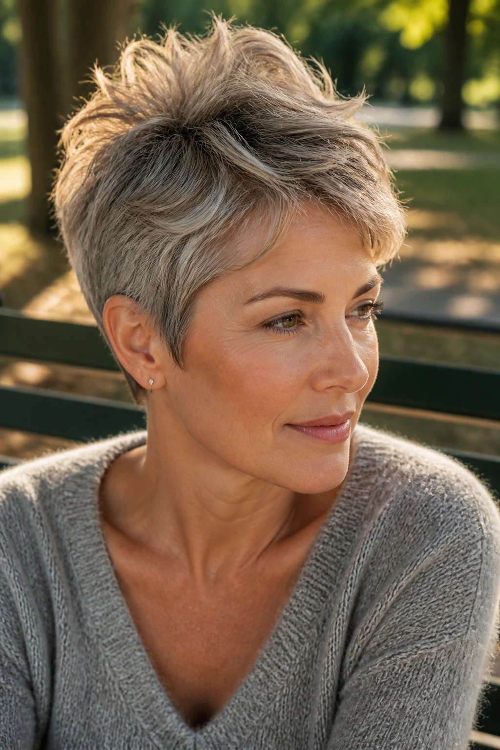 Close-up of a woman with crown-volume pixie and lifted top.