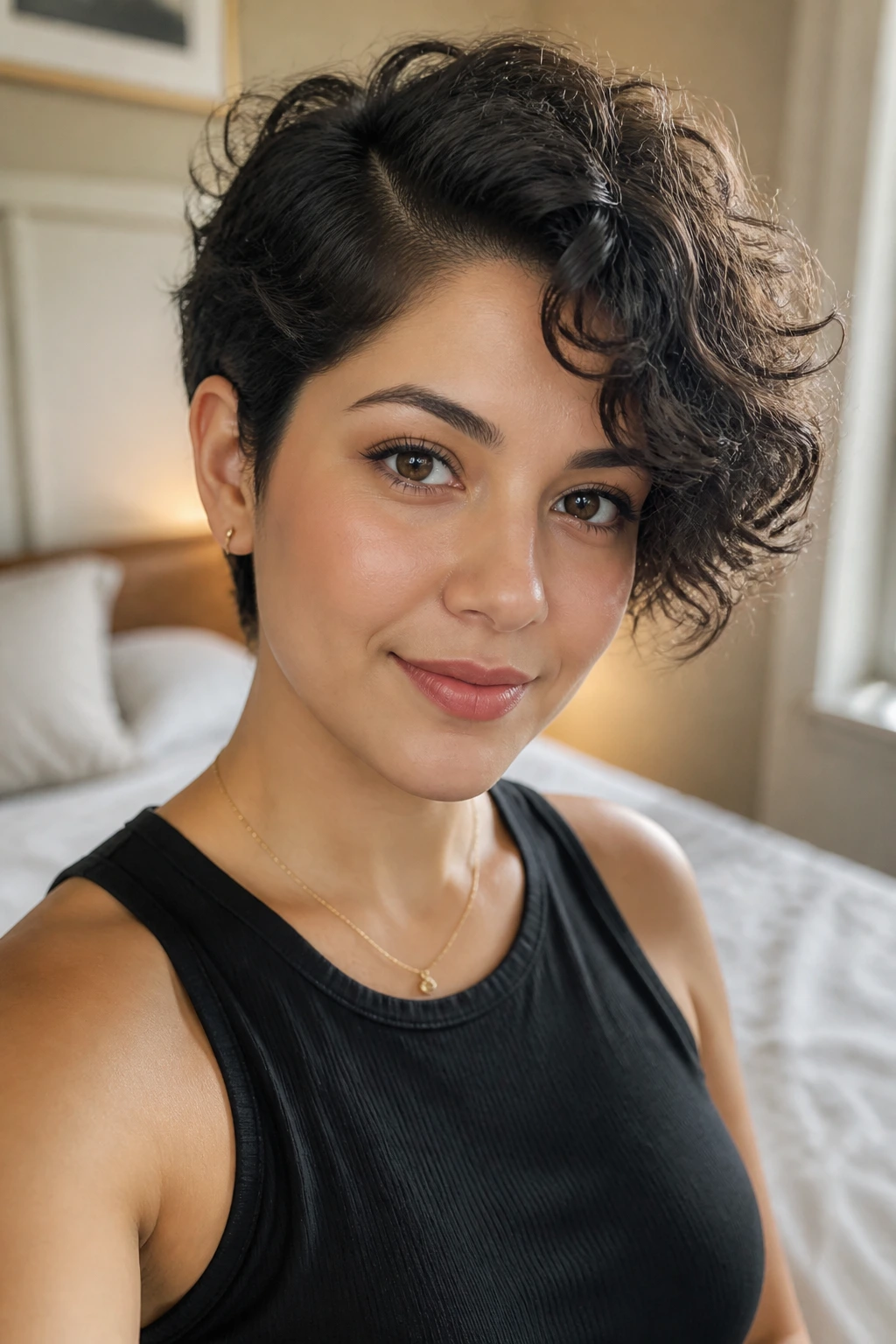 Close-up of a real woman with a deep side part curly pixie for round faces under warm window light