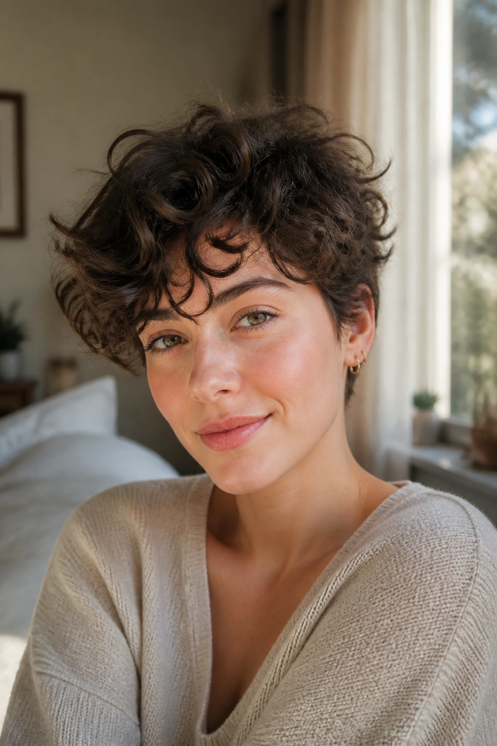 Close-up portrait of a woman wearing a low-maintenance tousled curly pixie in natural daylight