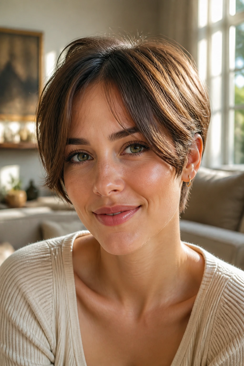 Real woman with curtain-bang long pixie in a cozy home setting