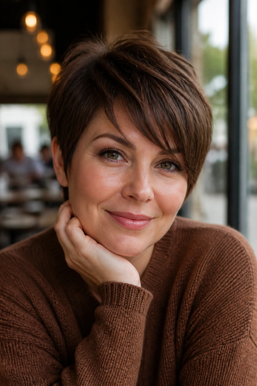 Close-up portrait of a real woman with a curved brown pixie for round faces in cafe light