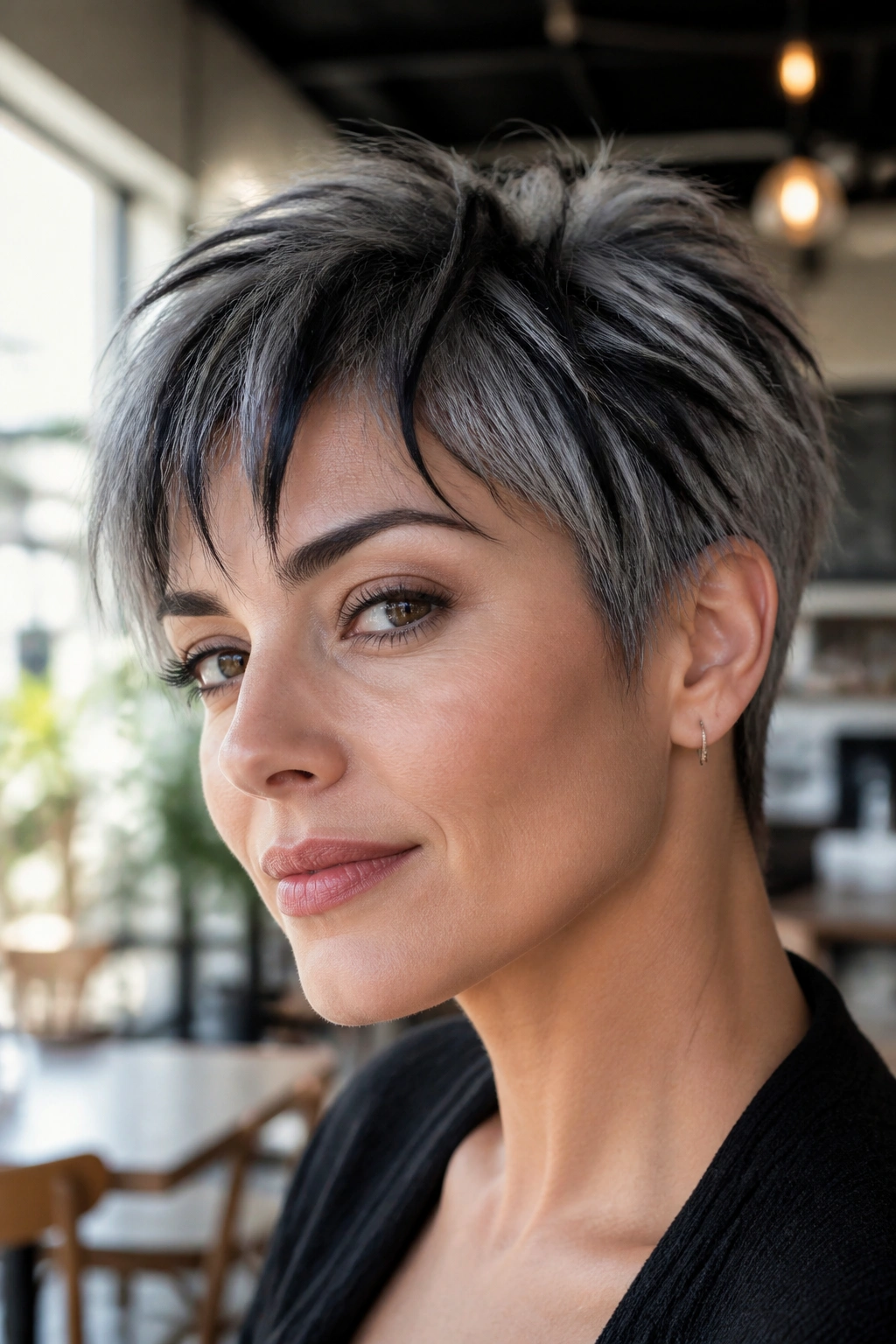 Close-up portrait of a real person with smoky pixie and piecey black strands