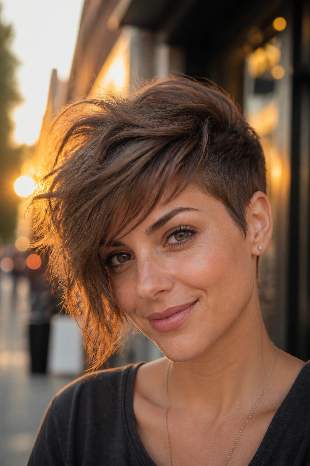 Close-up of a real woman with an asymmetrical messy pixie on a city sidewalk at golden hour