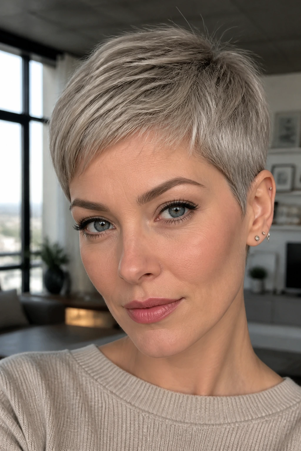 Portrait of a real woman with cool beige pixie cut and ash tone