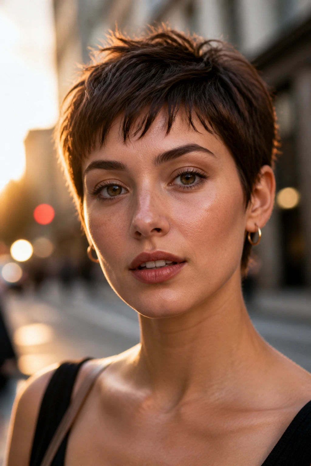 Real person with pixie cut and choppy bangs in urban street setting at golden hour