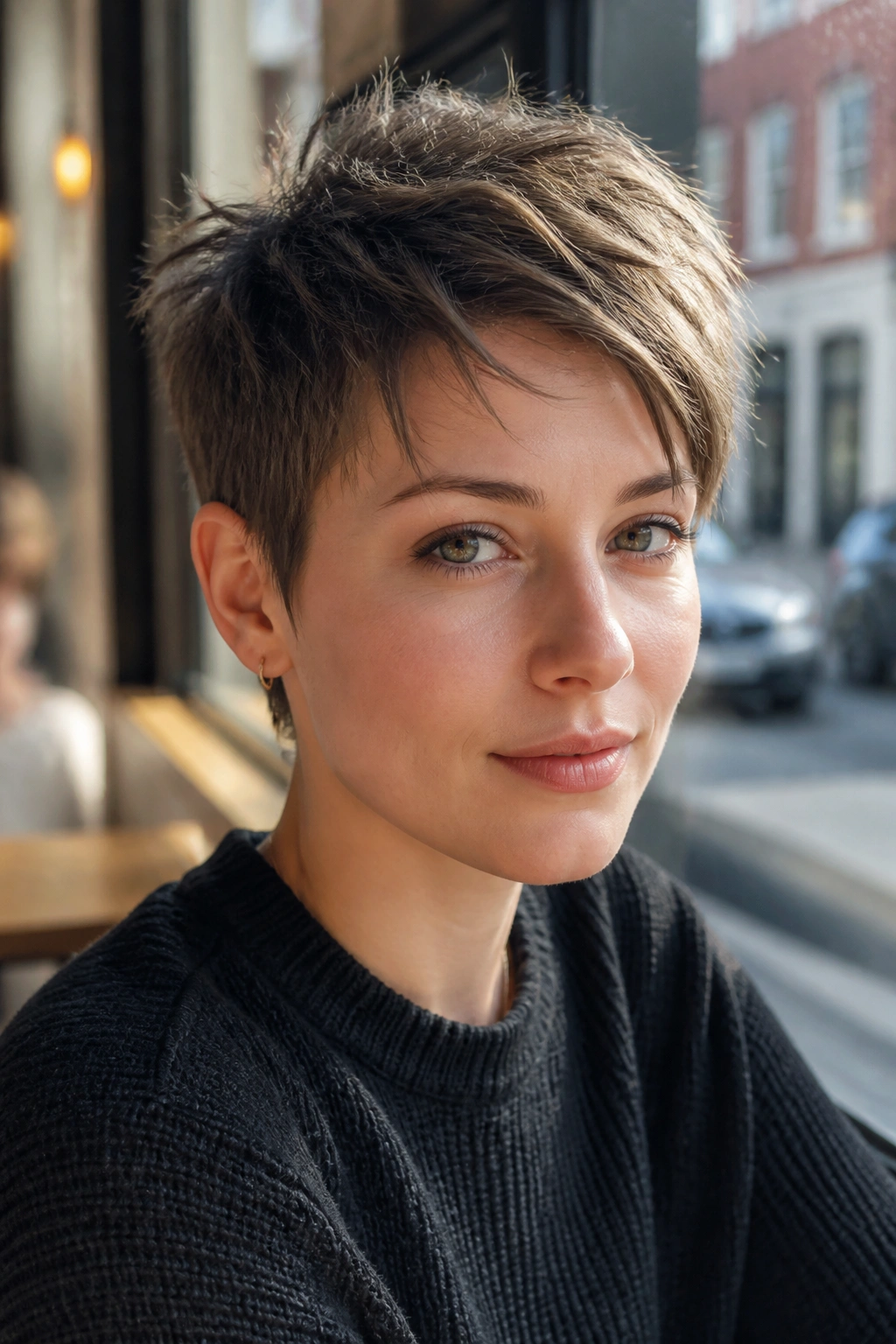 Close-up portrait of a real person with a choppy top pixie cut in a sunlit cafe