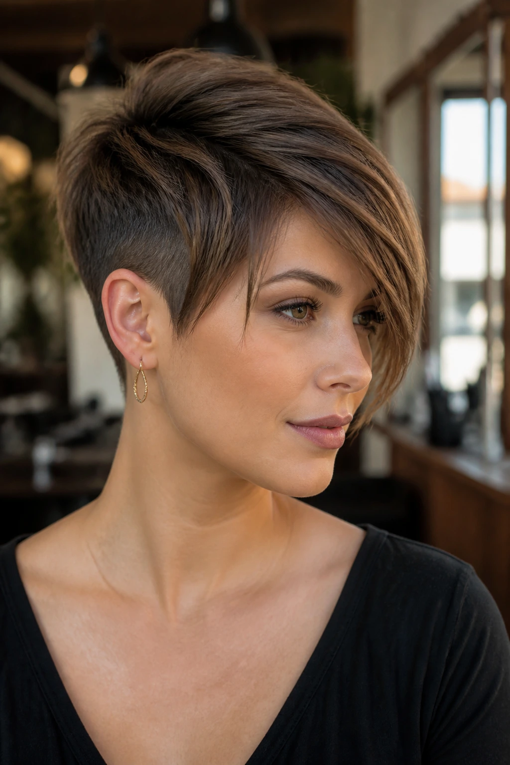 Close-up of real woman with cropped nape pixie and long top in salon lighting