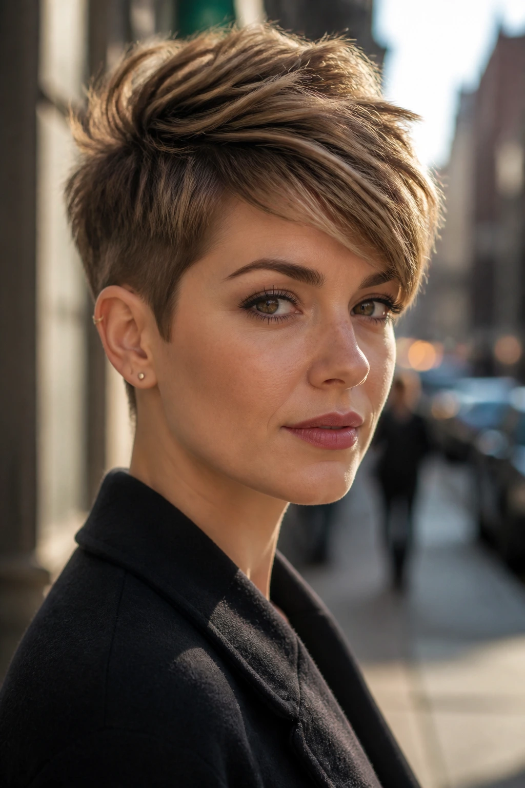 Close-up of a real woman with a textured pixie cut and crown height in urban light.