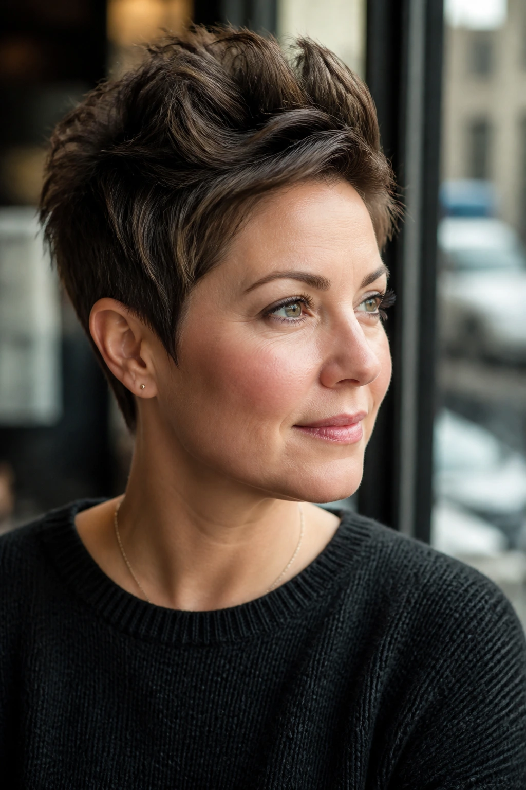 Portrait of a person with a crown-height pixie cut and tapered sides.