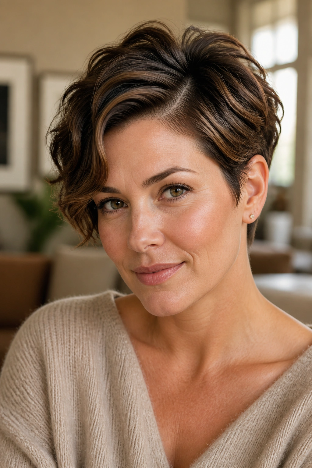 Close-up portrait of a real woman with side-parted pixie and crown lift in a softly lit living room