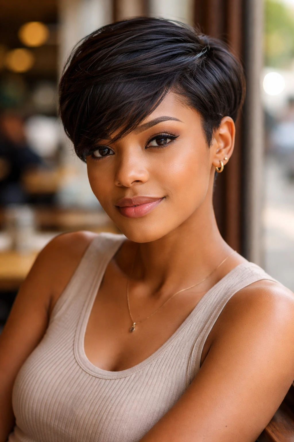Close-up portrait of a real person with a pixie cut and a deep side part