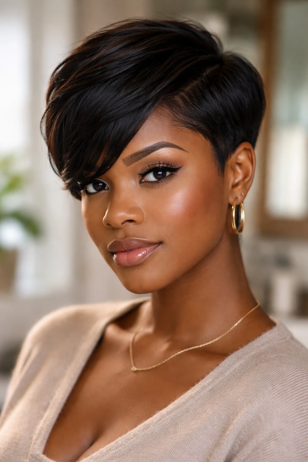 Real woman with a deep side part pixie cut.