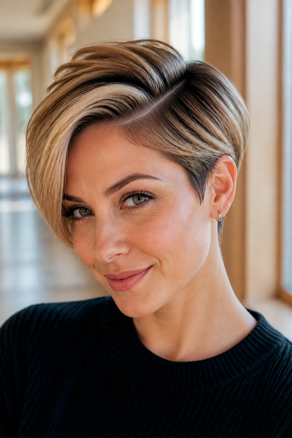 Close-up portrait of a real person with a Deep Side-Part Pixie with Volume on Top hairstyle