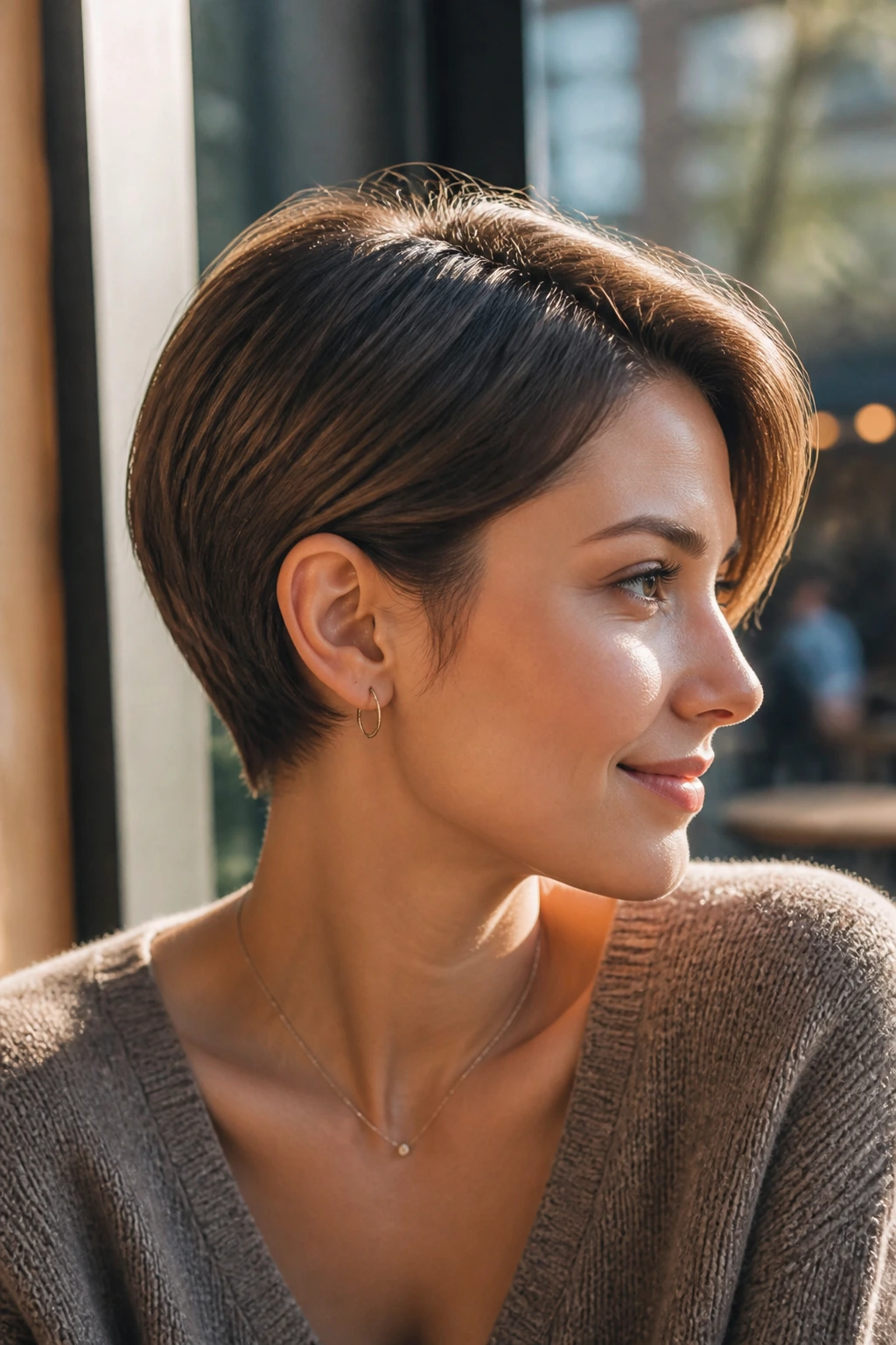 Close-up portrait of a real person with an Ear-Grazing Pixie with Tucked Sides hairstyle