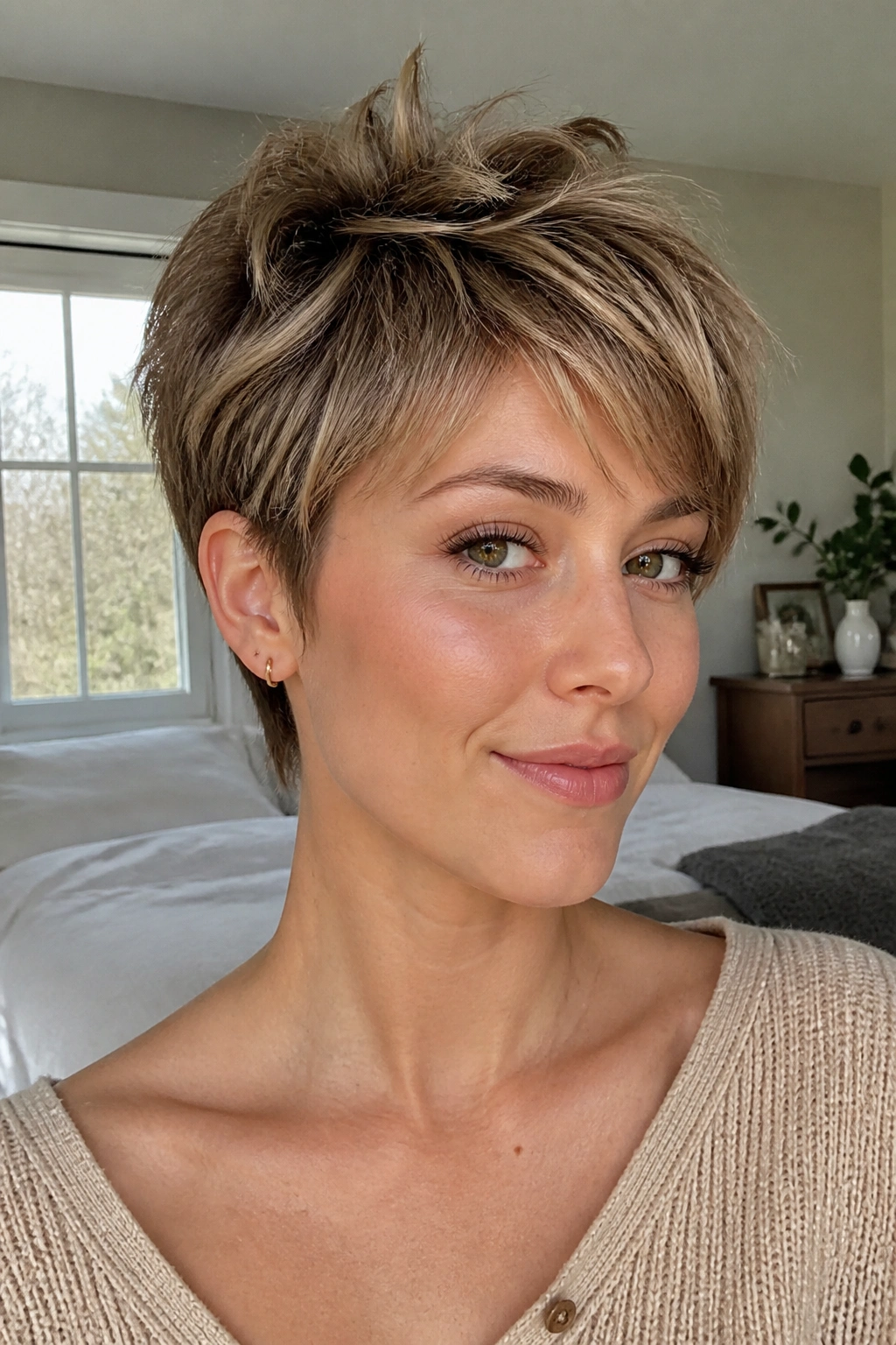 Close-up portrait of a real woman with a textured pixie cut on fine hair in soft window light