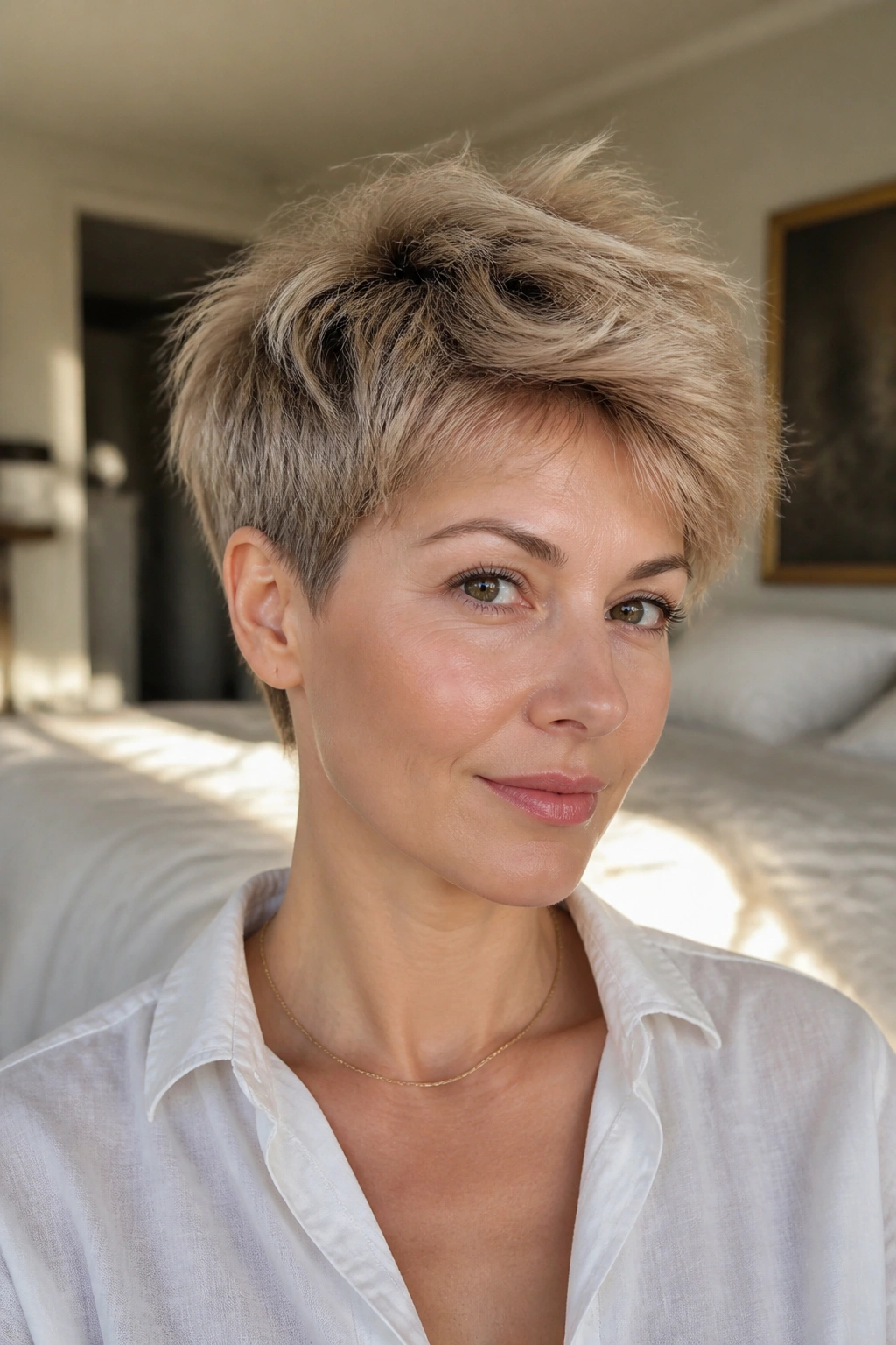 Close-up portrait of a real woman with an air-dried fluffy pixie for fine hair, natural lift.
