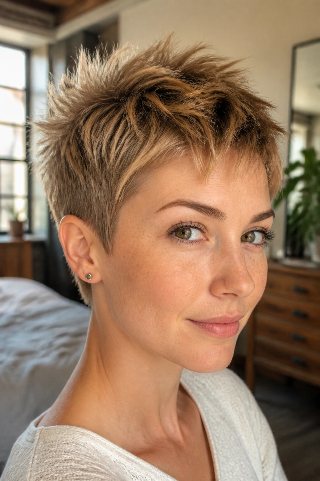 Close-up portrait of a real woman with a choppy micro pixie and airy ends on fine hair