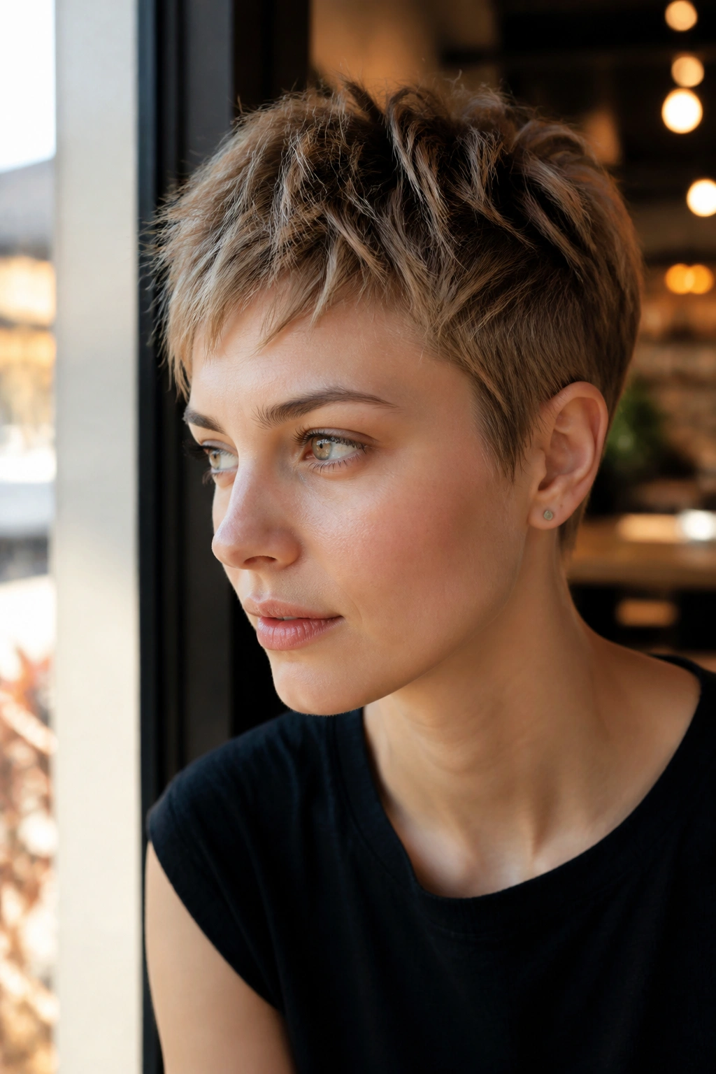 Close-up of a real woman with a choppy micro pixie and textured ends.