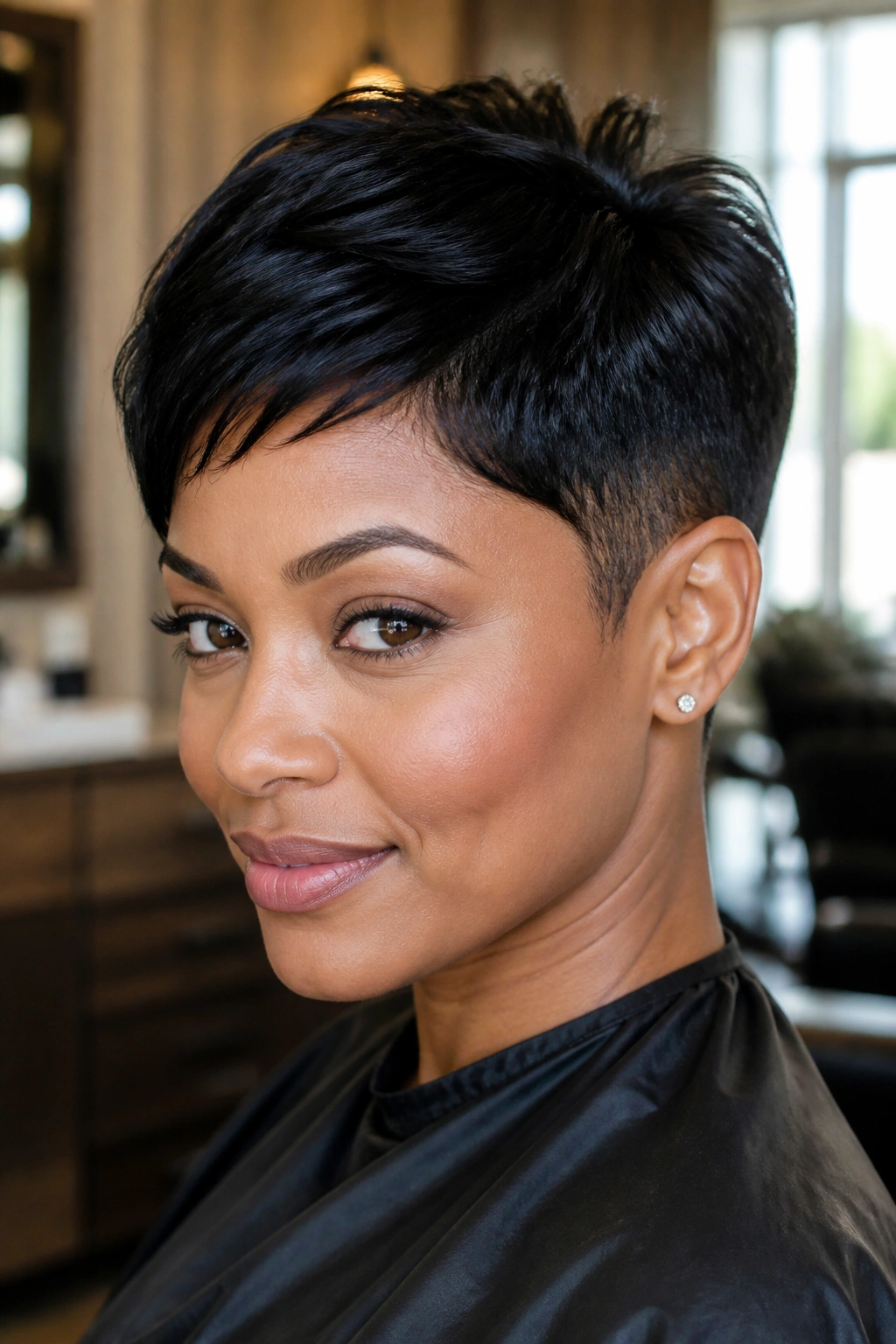 Close-up portrait of a real woman with glossy ink-black pixie and tapered sides in a warm salon setting