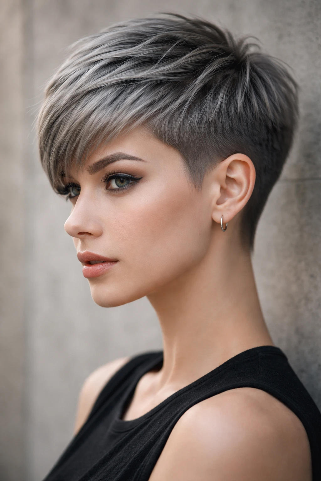 Real person with a concrete grey pixie cut, close-up portrait.