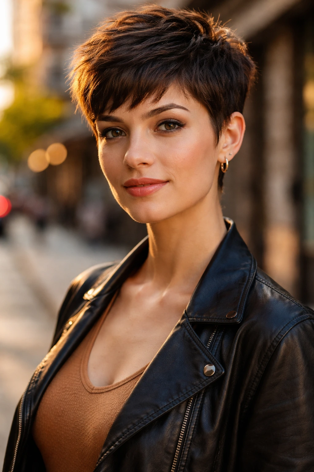 Close-up portrait of a real person with a pixie cut hairstyle.