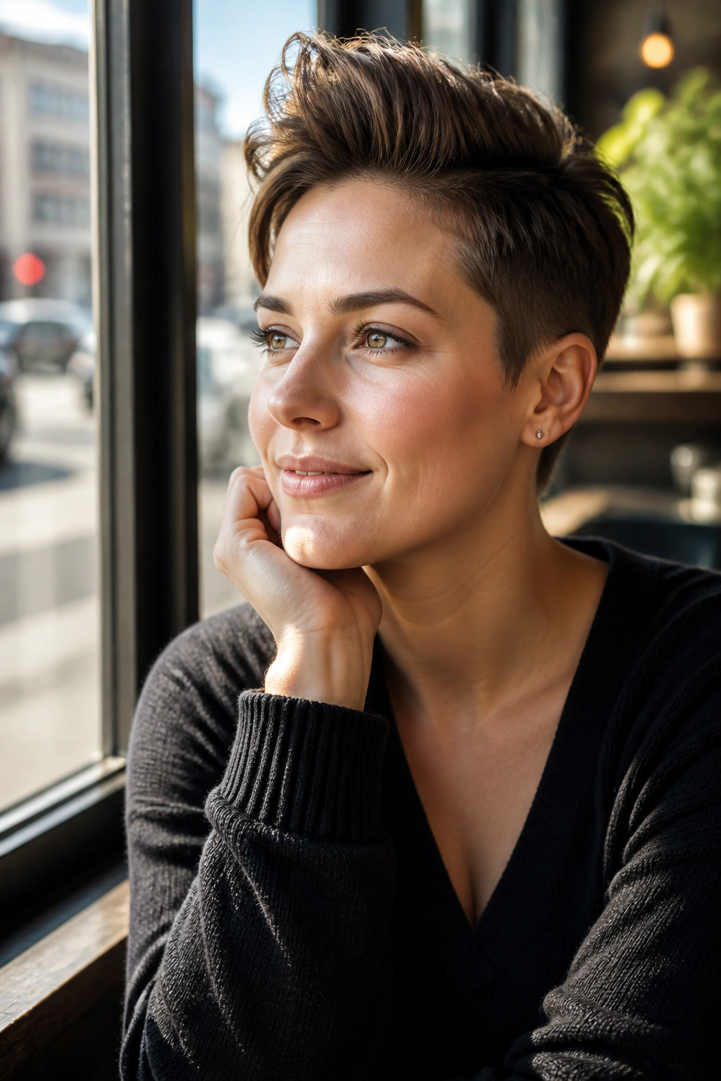 Close-up portrait of a real woman with pixie cut height on top and tapered sides.