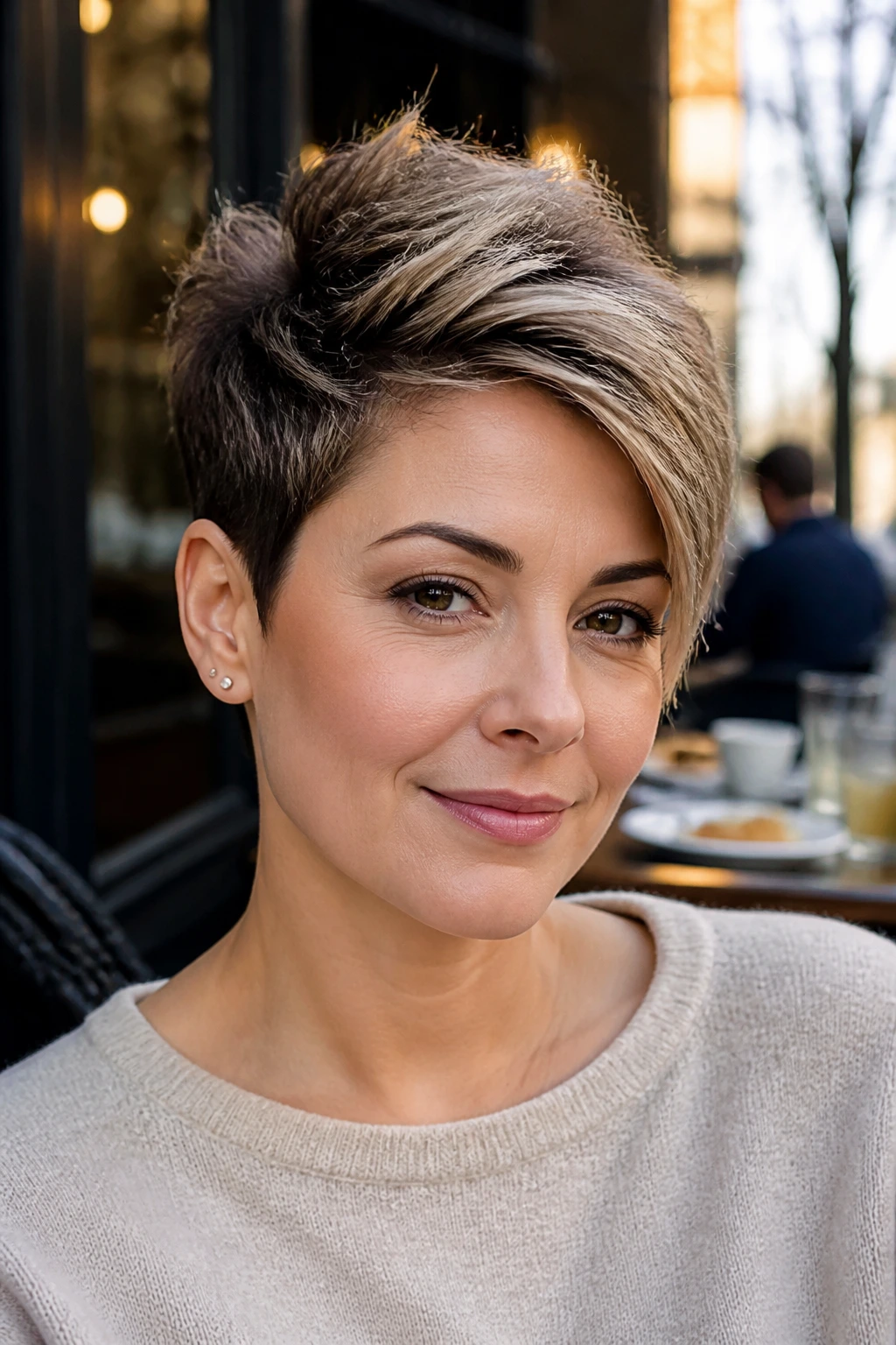 Portrait of a real woman with pixie cut featuring height on top