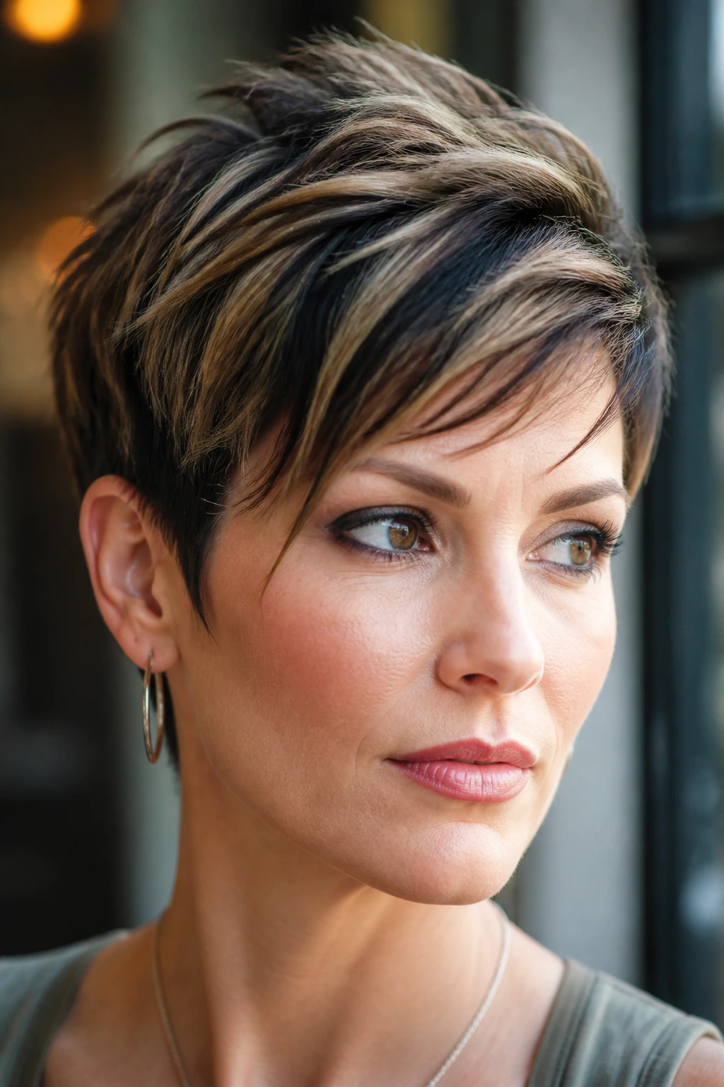 Portrait of a real woman with a pixie cut featuring choppy black highlights