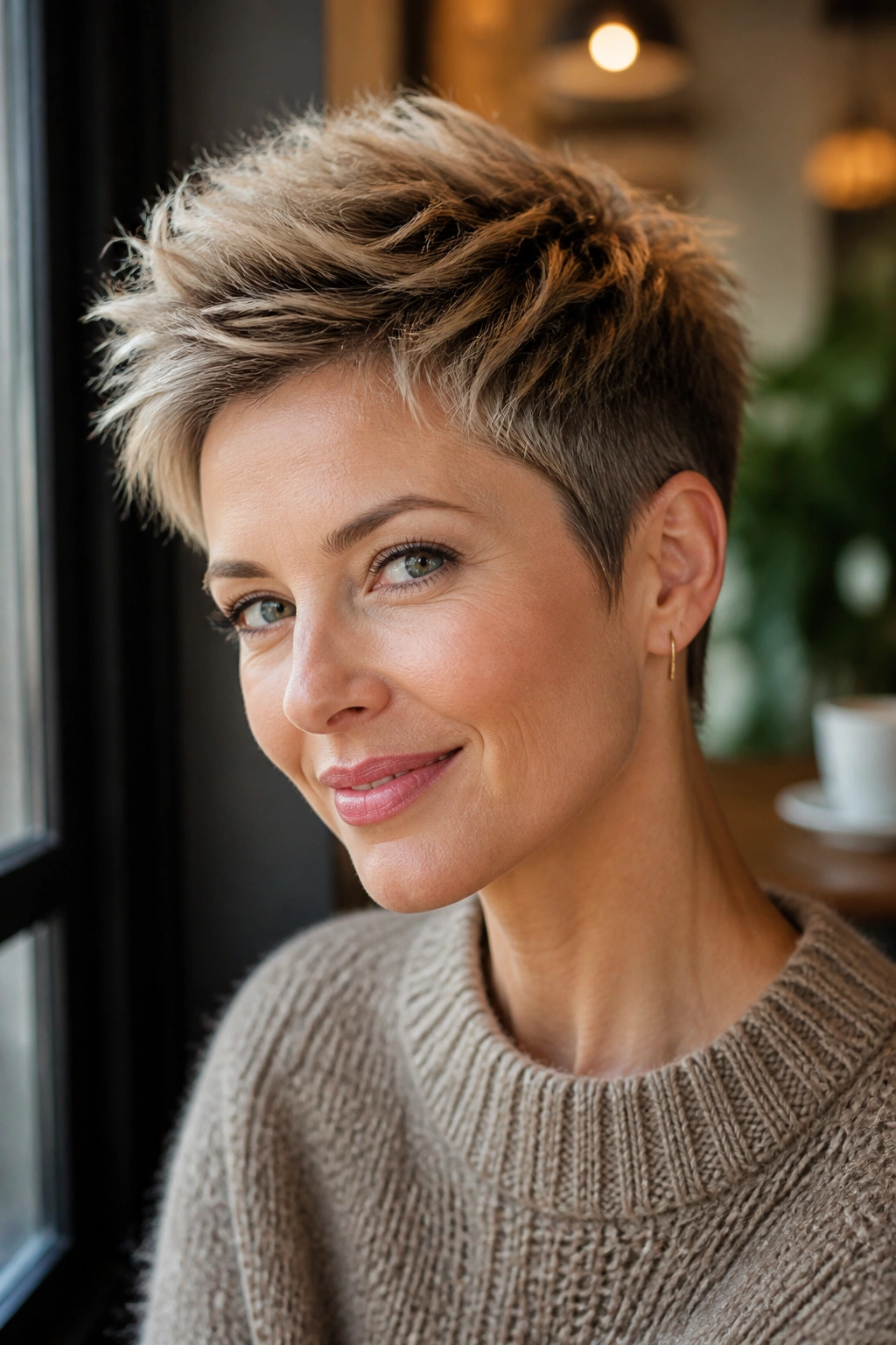 Close-up portrait of a real person with a textured pixie cut and lifted crown.