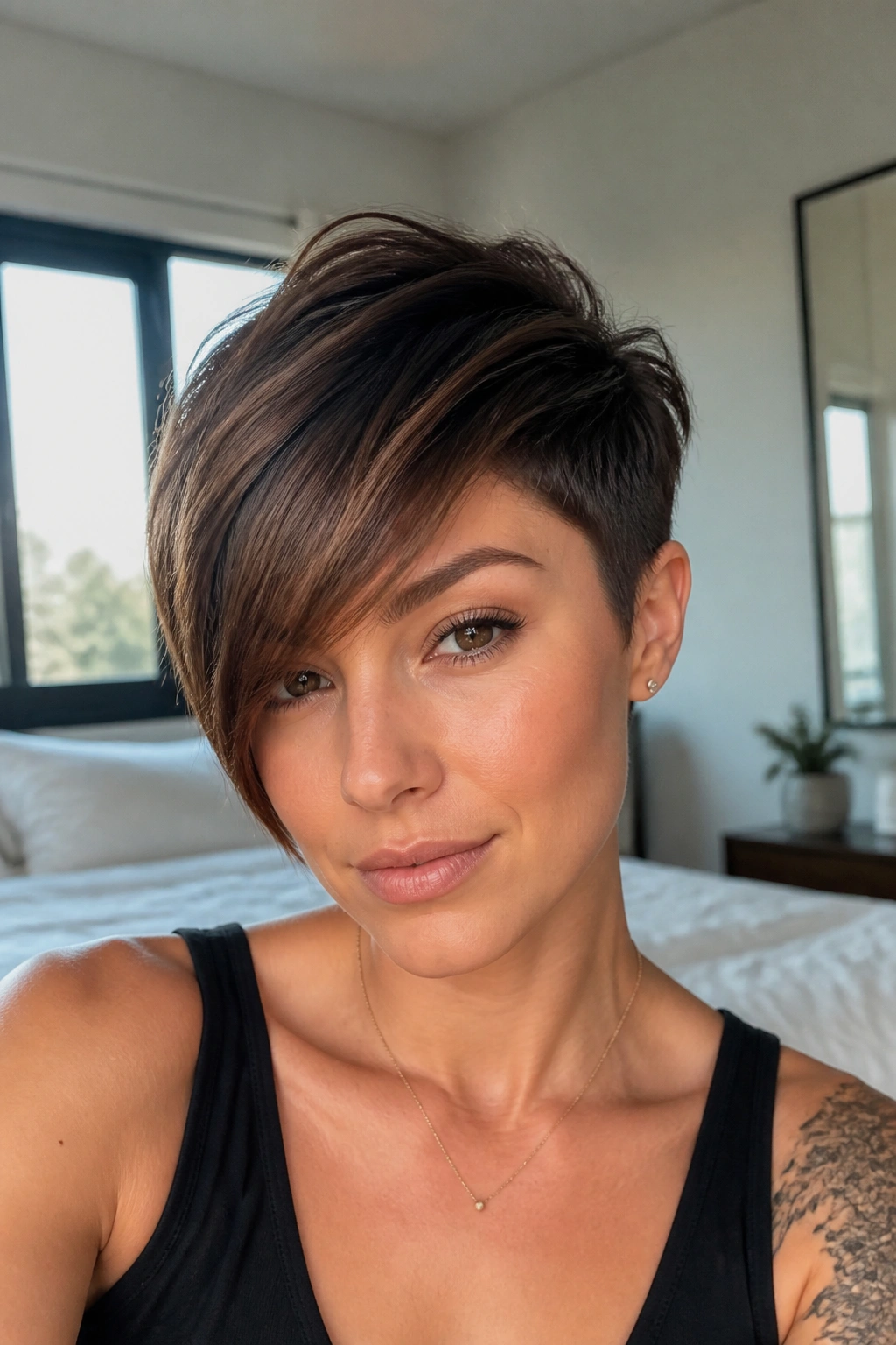 Portrait of a real woman with an asymmetrical pixie and long fringe.
