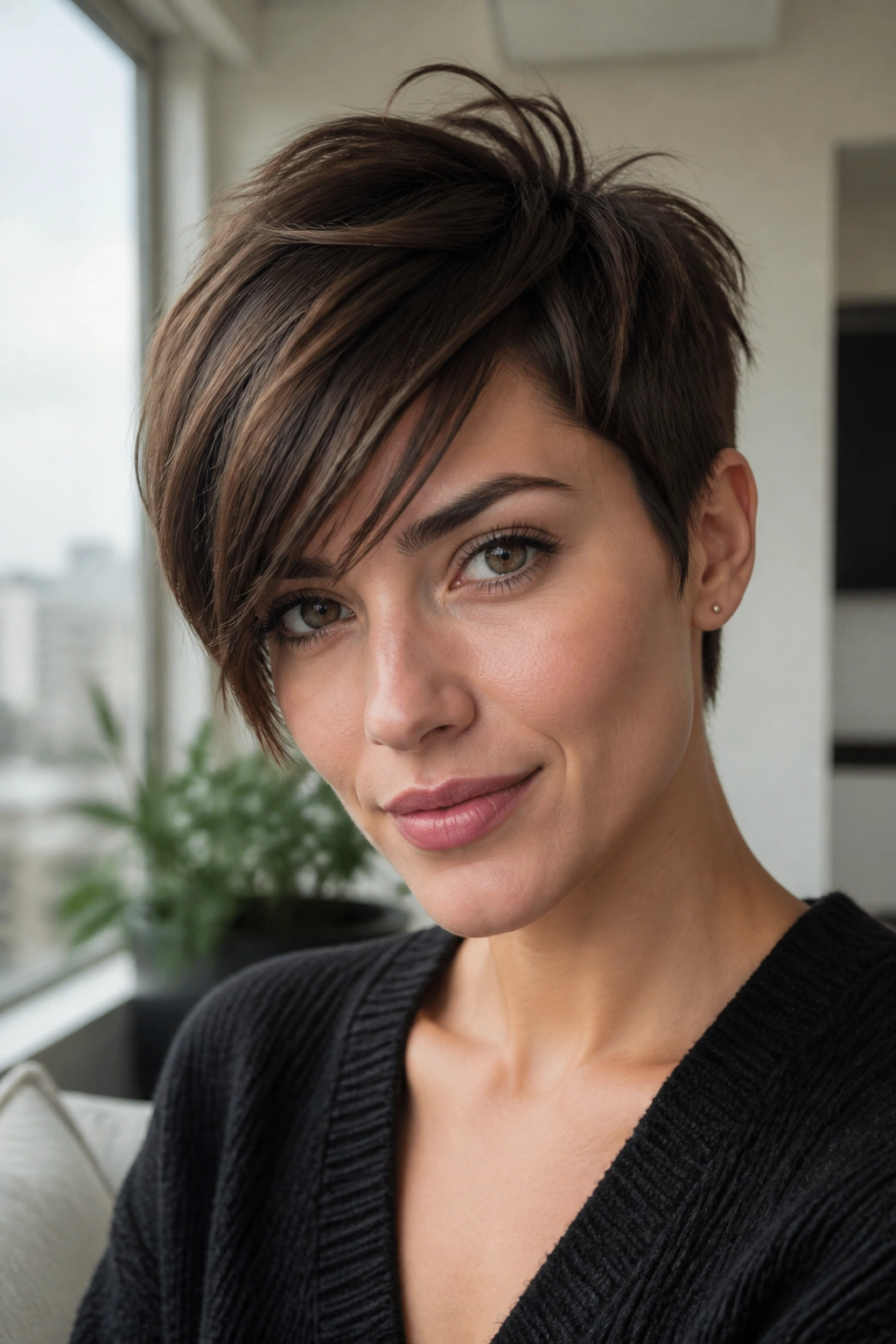 Portrait of a real woman with a pixie cut and long side fringe.