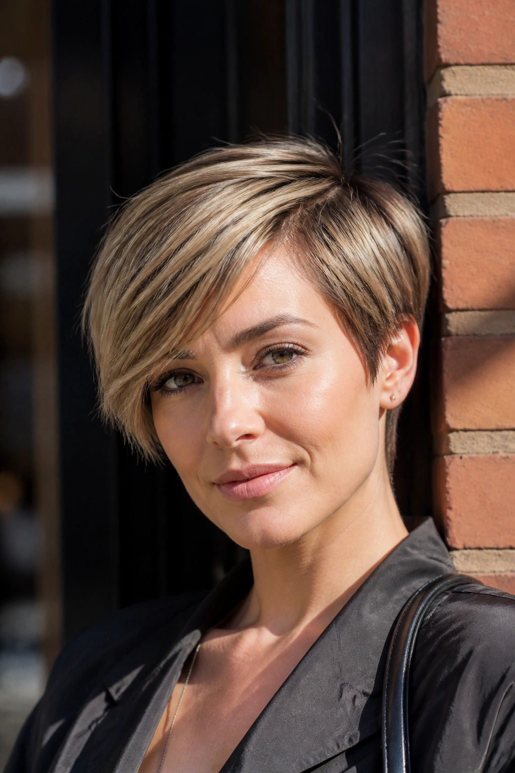 Real person with pixie cut and long side fringe in warm doorway light