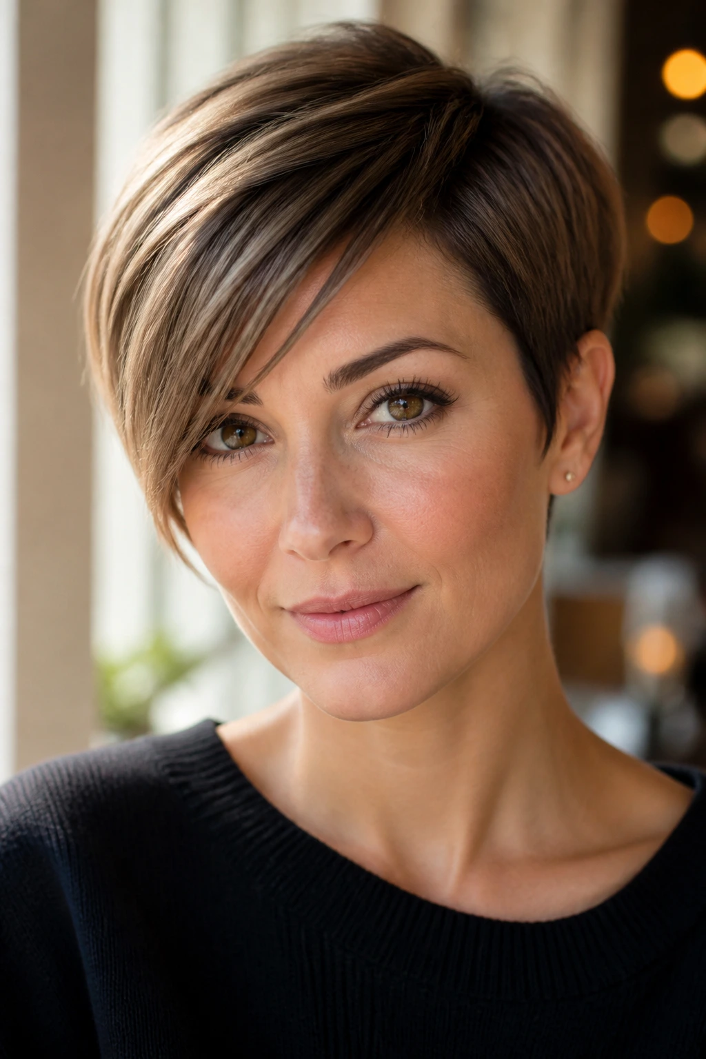 Close-up of real woman with soft side-swept pixie and long fringe in daylight