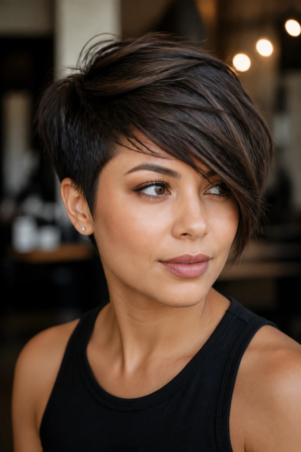Close-up of a real woman with a long-fringe pixie swept to the side in natural light.
