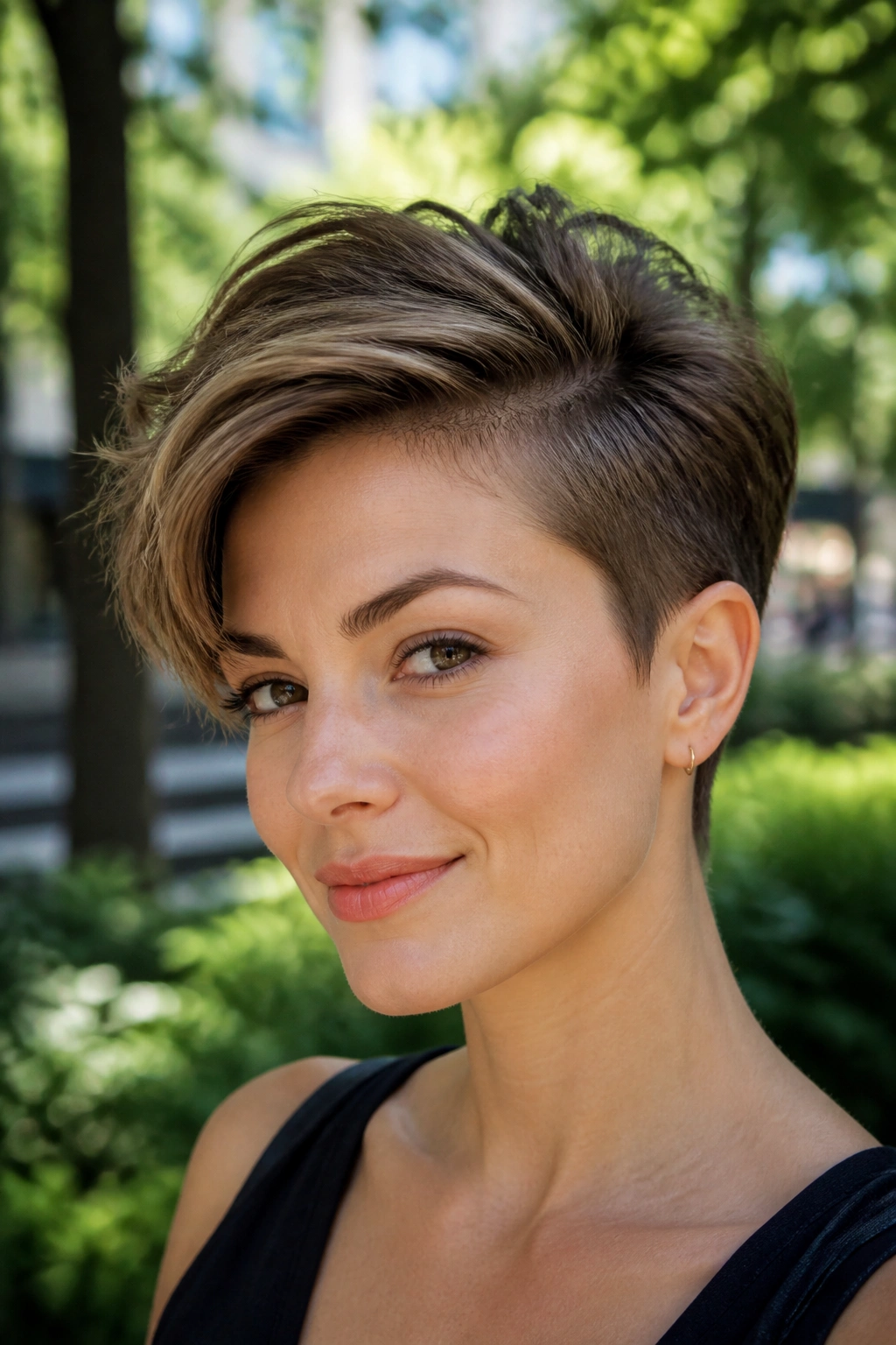 Close-up of a woman with a pixie cut long top in natural daylight in a park