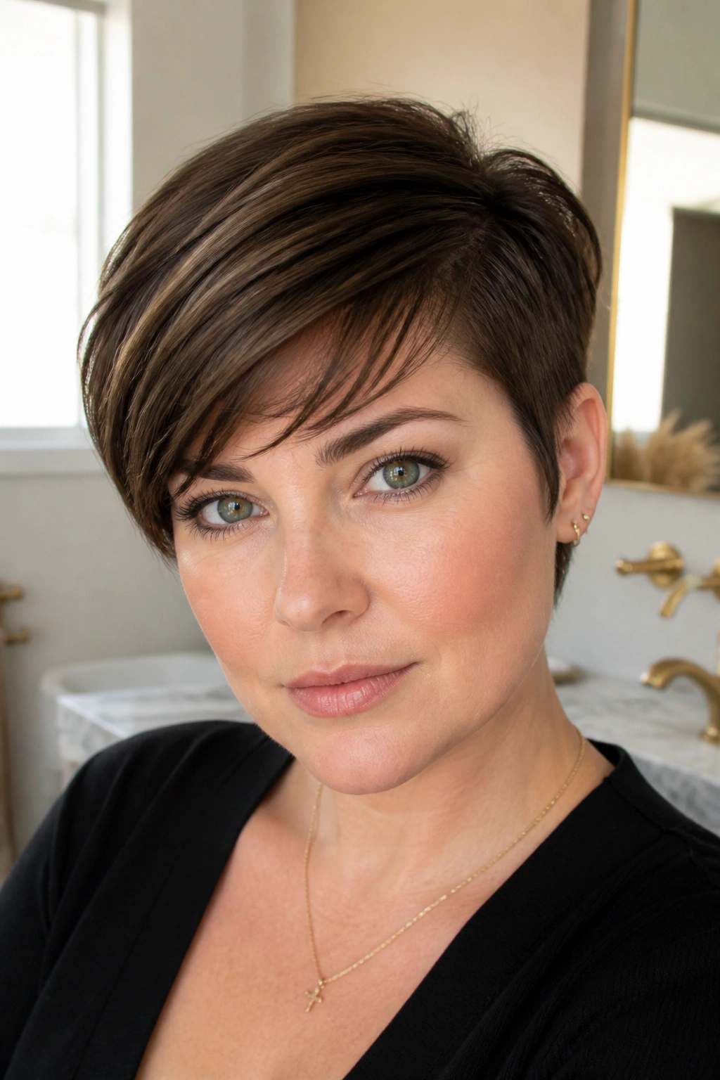 Close-up portrait of a real woman with Sleek Pixie With Long Top Length, long top and short sides, natural window light.