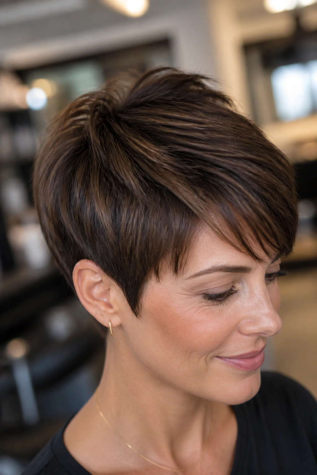 Close-up of a pixie cut with micro chocolate lowlights on a real person.