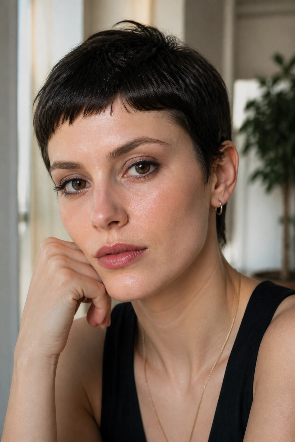 Close-up portrait of a real person with pixie cut and micro bangs