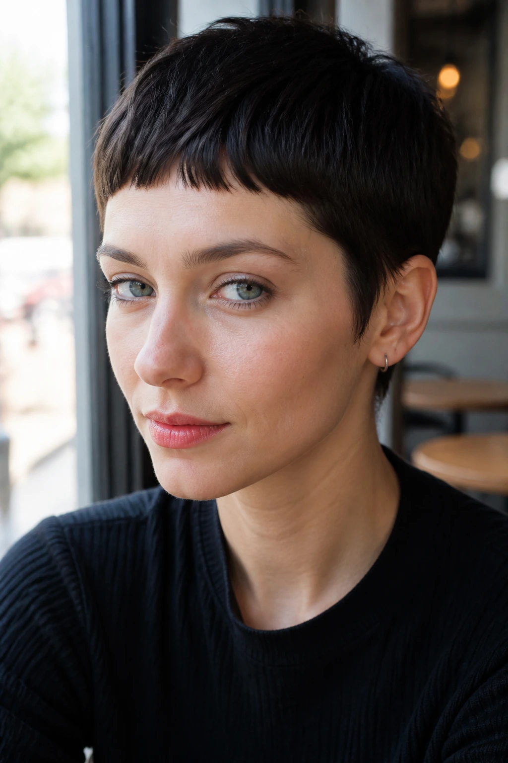 Close-up portrait of a real person with a Micro Fringe Pixie hairstyle