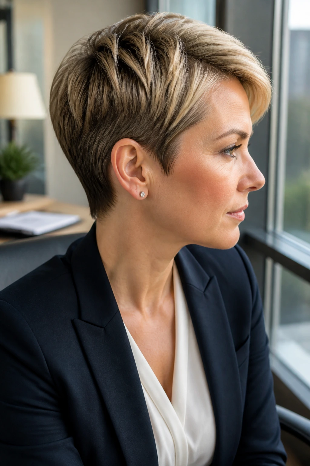 Close-up portrait of a real person with an elegant office pixie cut in an office setting