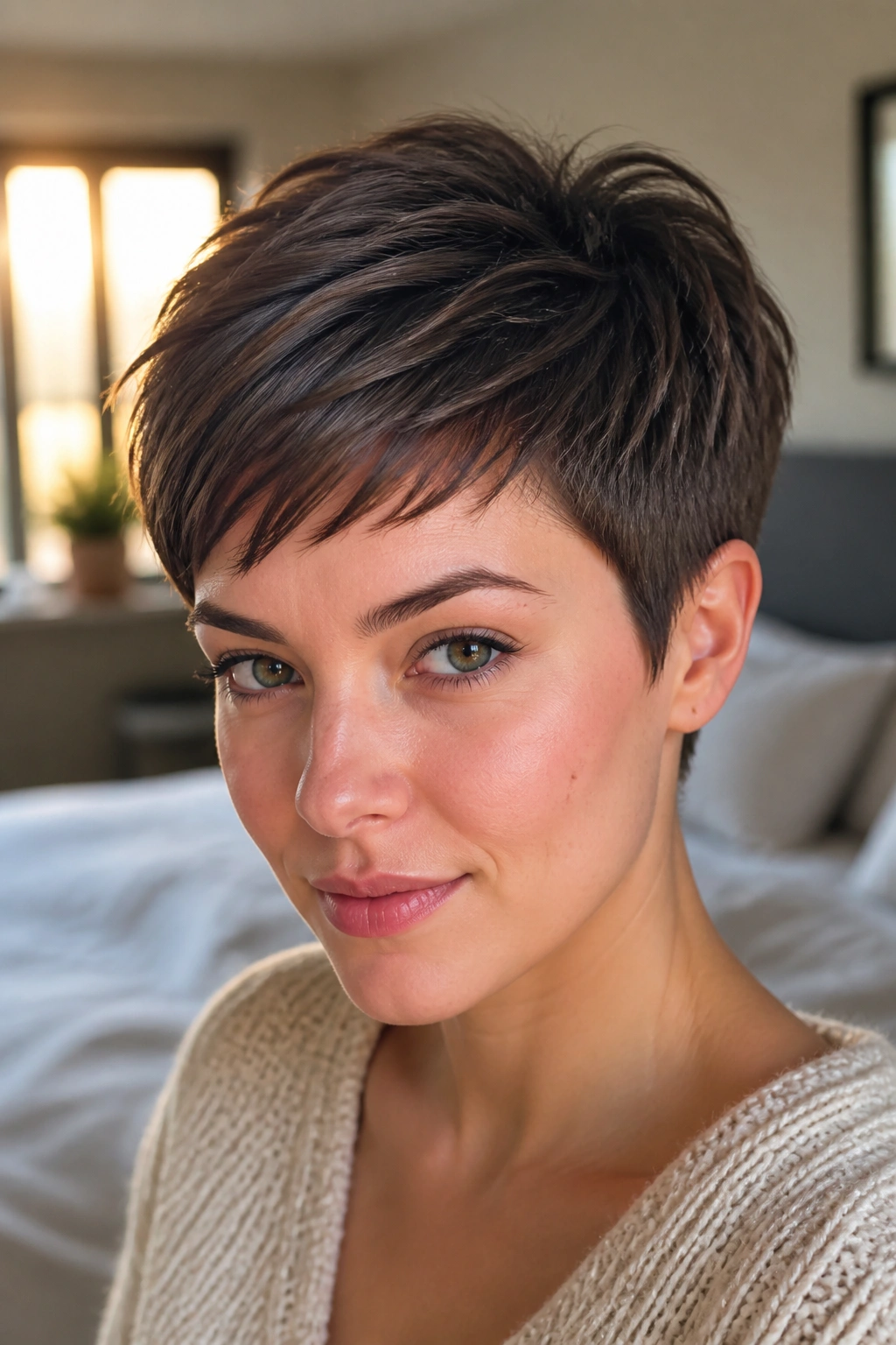 Close-up of a real woman with a classic pixie on an oval face, warm window light.