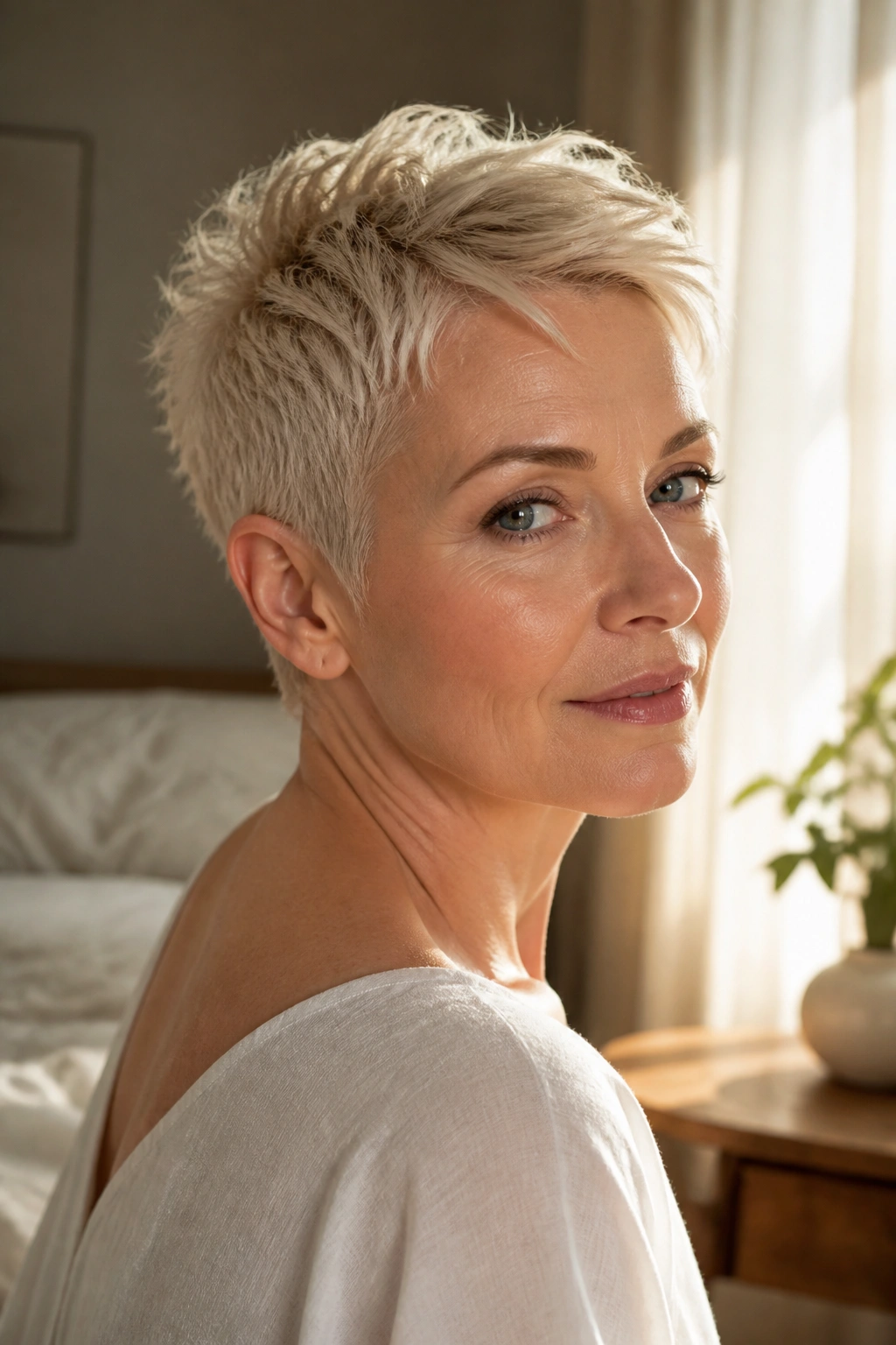Close-up of a real woman with an ultra-short pixie crop in creamy pearl blonde, natural window light