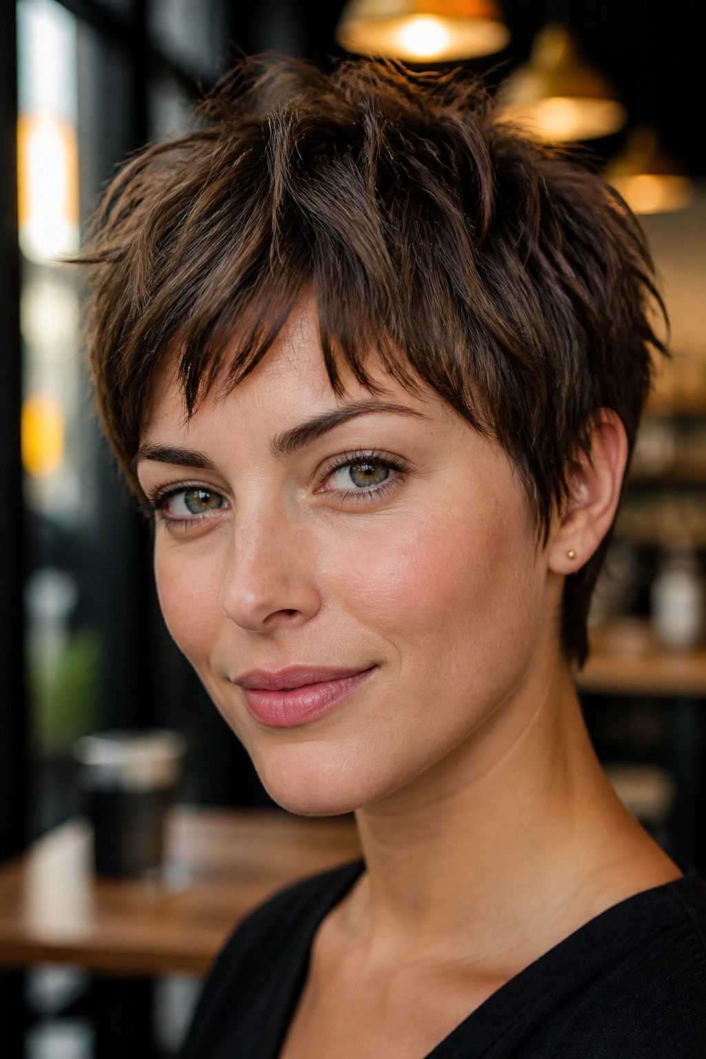 Portrait of a real woman with a choppy pixie and piecey ends