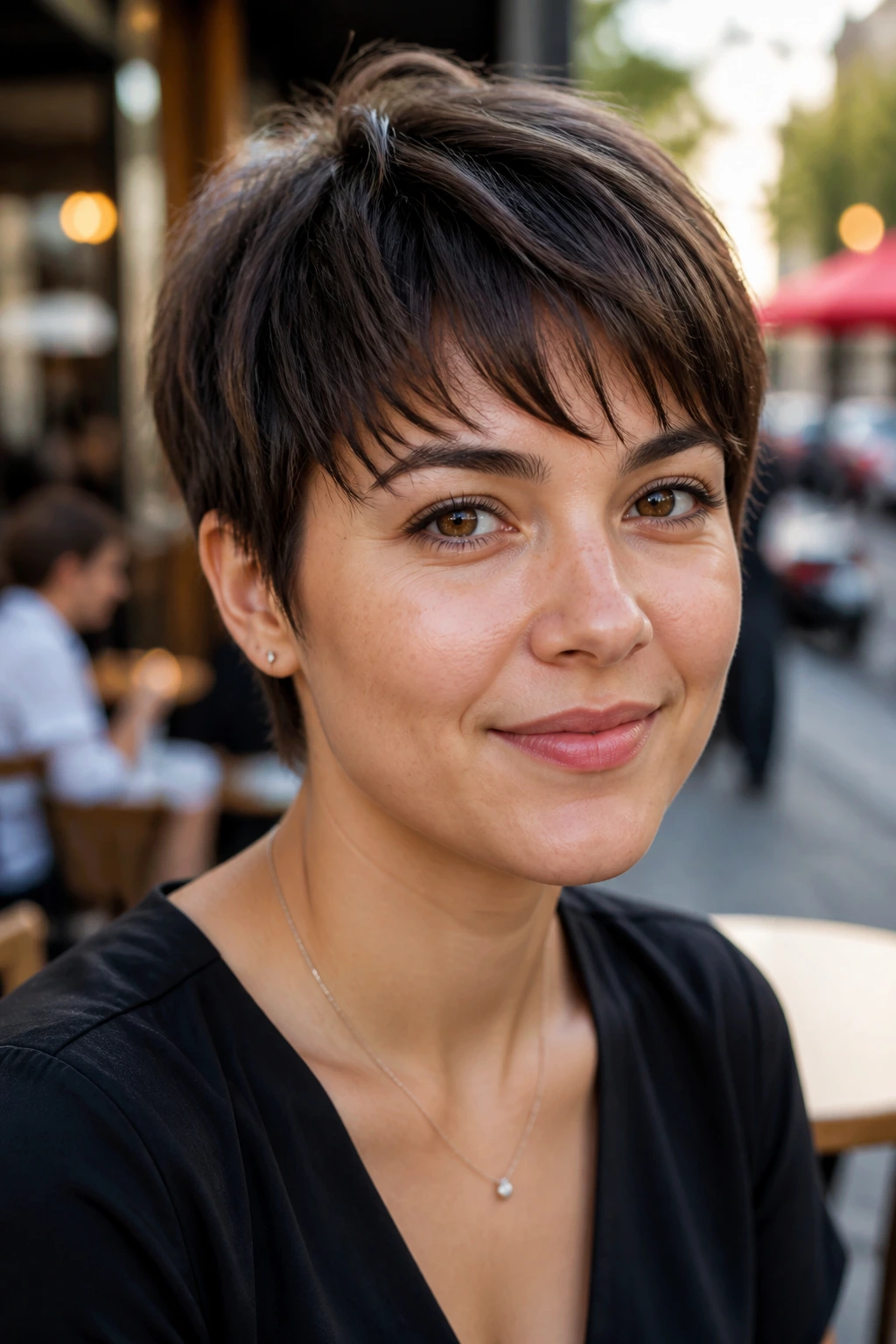 Close-up portrait of a real woman with a soft grow-out pixie cut, head-and-shoulders filling the frame.