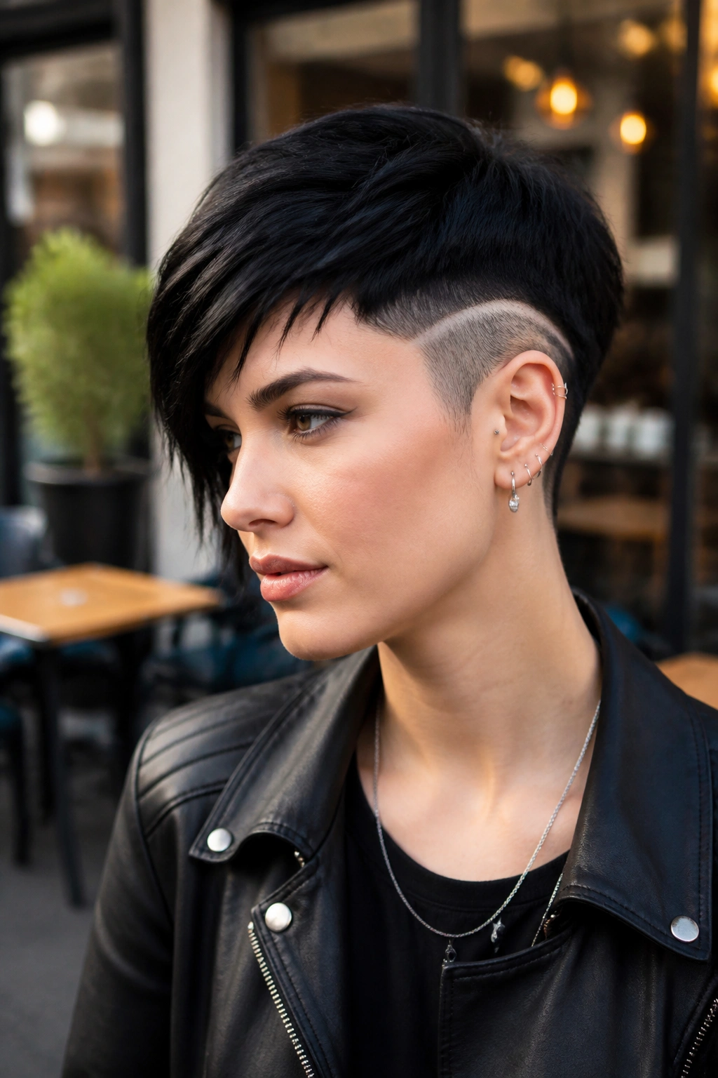 Real person wearing pixie cut with razor shaved sides